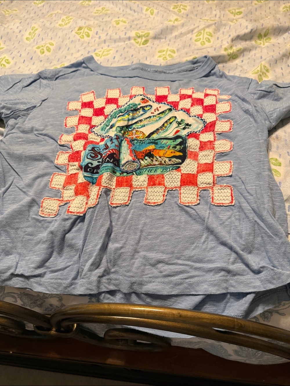 Maeve Light Blue Graphic Short Sleeve Tee with Red Checkerboard